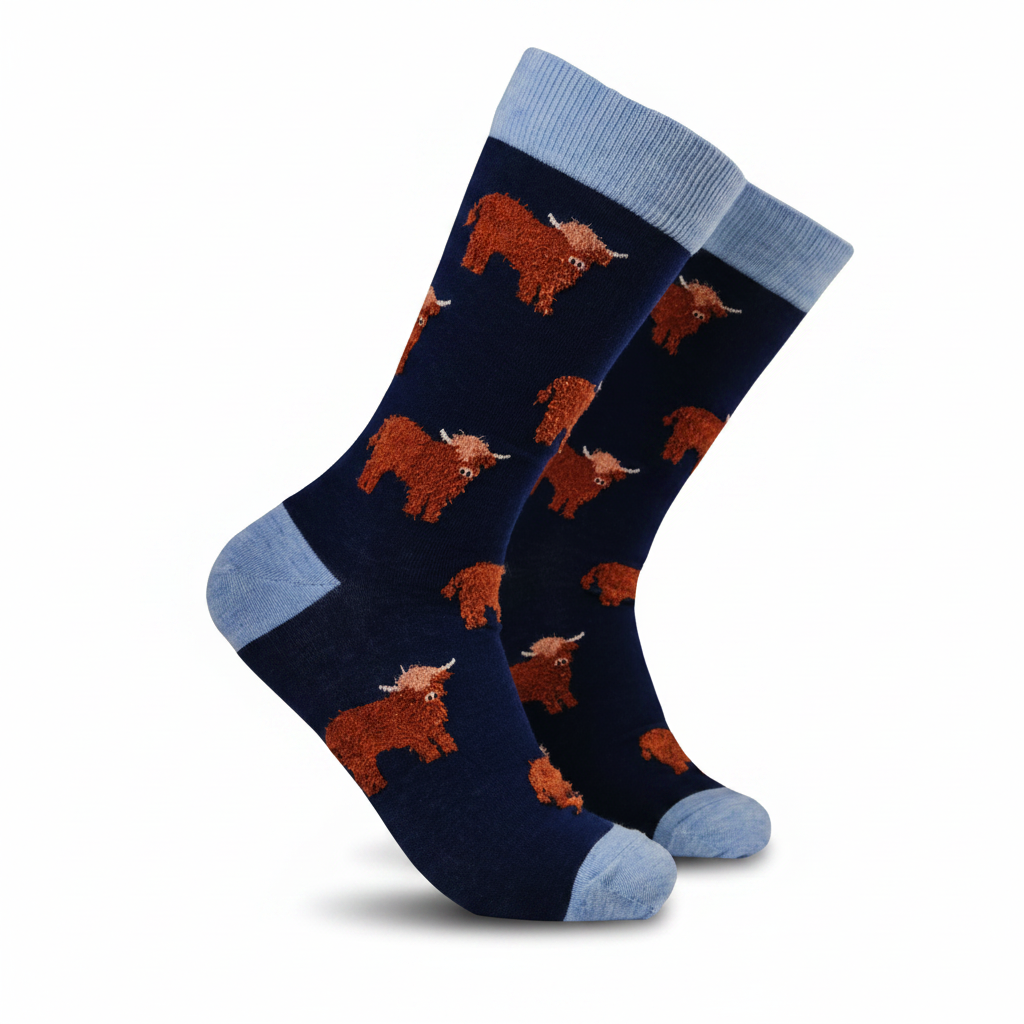 Fluffy Coo Socks pair showing highland cow design on light grey background