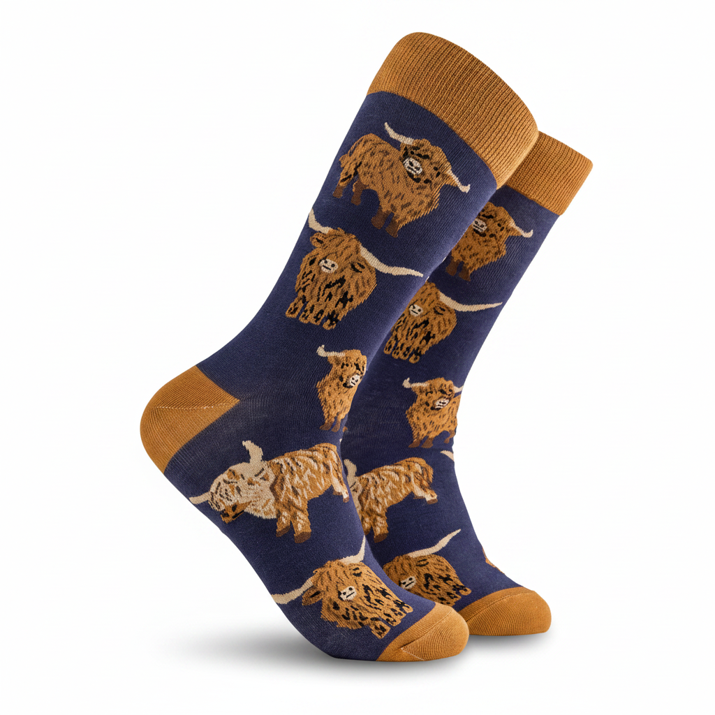 Highland Cow Socks pair showing detailed cow design on grey background