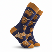 Highland Cow Socks pair showing detailed cow design on grey background
