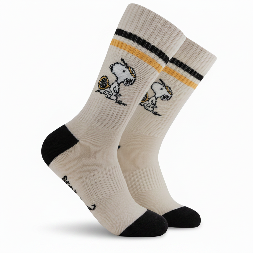 Tennis Snoopy Athletic Socks pair showing Peanuts design on white background