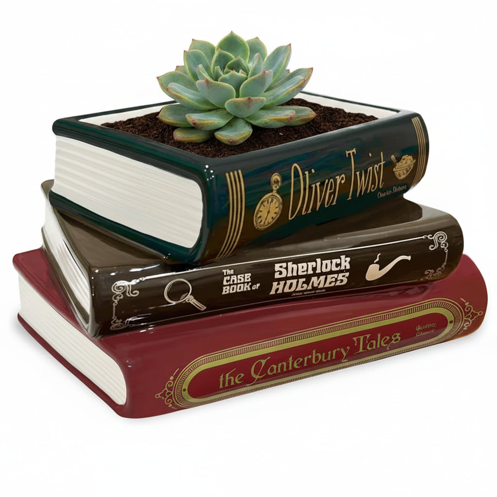 Close-up of ceramic book planter with glossy finish and classic literary spine designs.