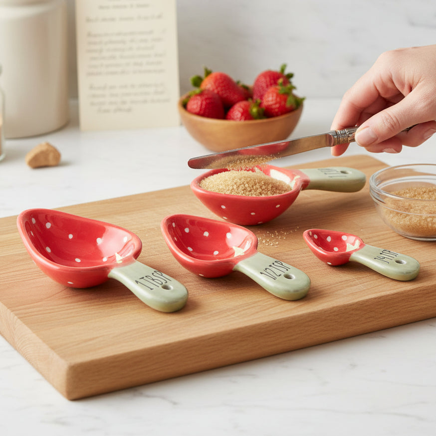 Sass and Belle strawberry measuring spoons on wooden board with brown sugar and strawberries