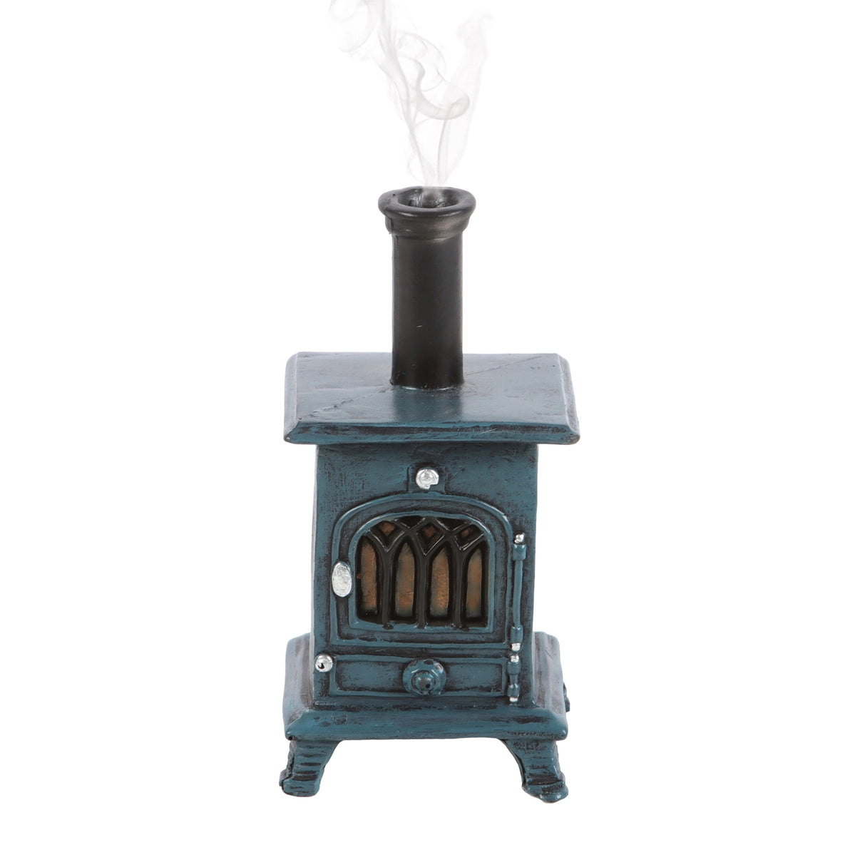 Front view of stove-shaped incense burner with smoke – rustic blue incense cone holder styled like a vintage wood burner.