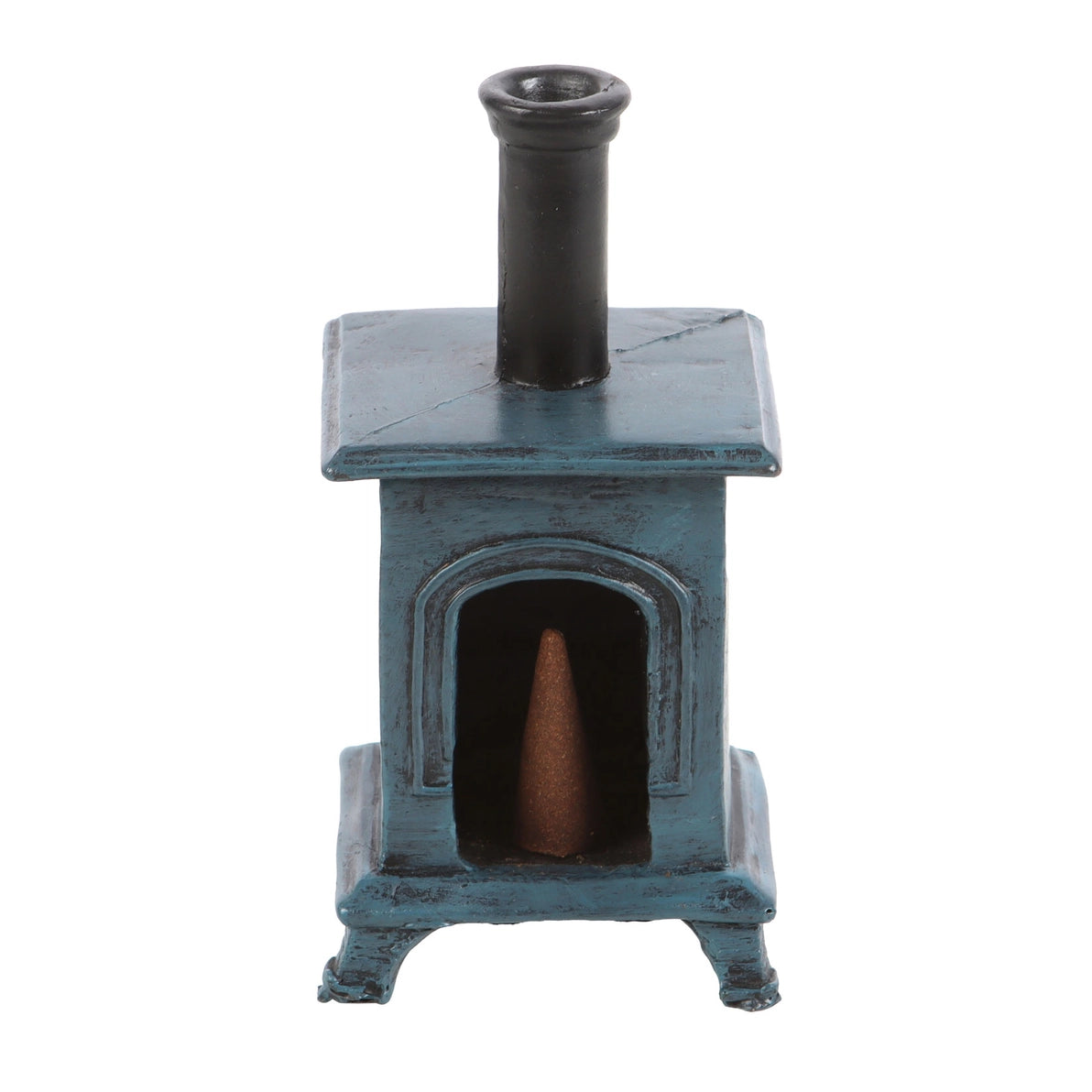 Back of stove burner showing incense cone inside – open-back view of blue incense burner with visible cone placement.
