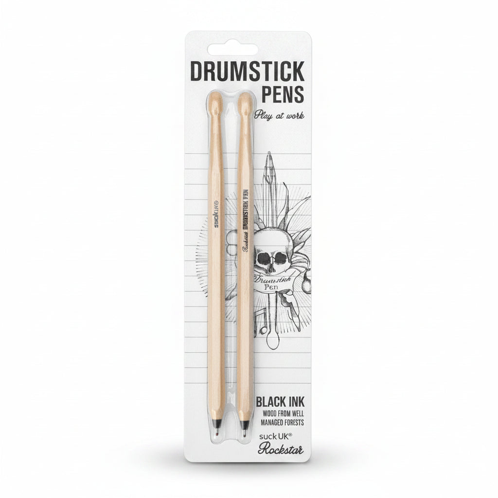 Retail packaging of Suck UK Drumstick Pens set with rock-themed backing card, featuring skull artwork and “Play at Work” slogan.