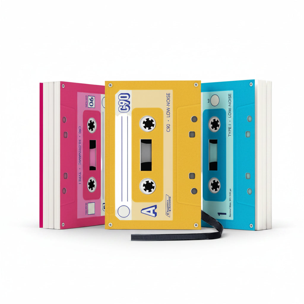 Three colourful cassette-style notebooks in pink, yellow, and blue, standing upright and designed to look like retro mixtapes.