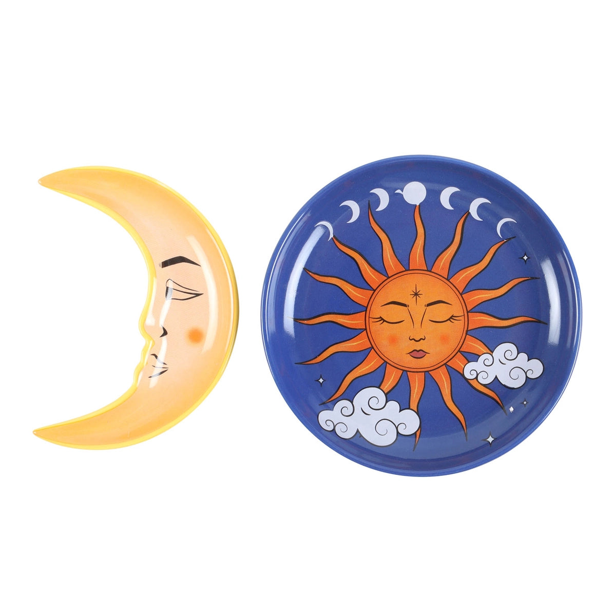 Two-piece Sun and Moon ceramic trinket dish displayed apart, with crescent moon dish beside a vibrant blue dish featuring sun and moon phase design.
