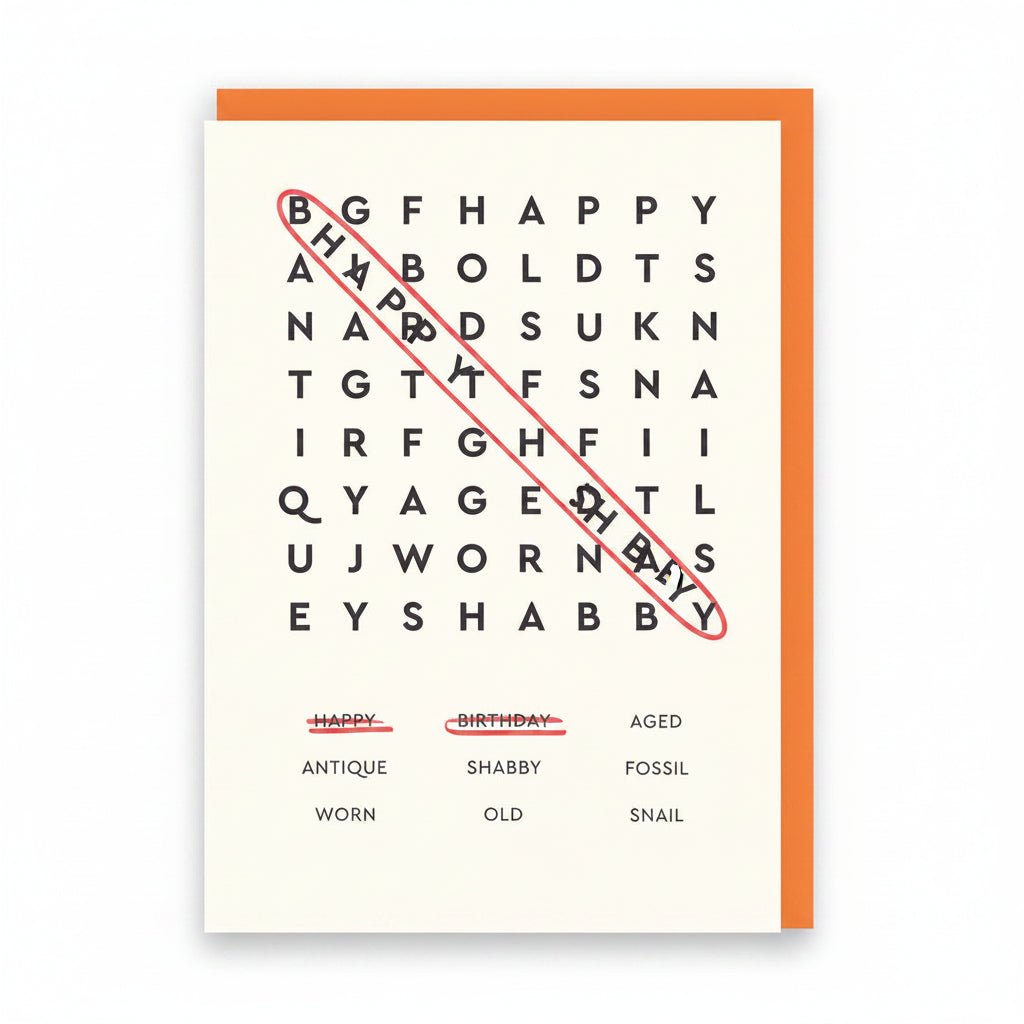 Cream birthday card with a word search grid and two words circled in red