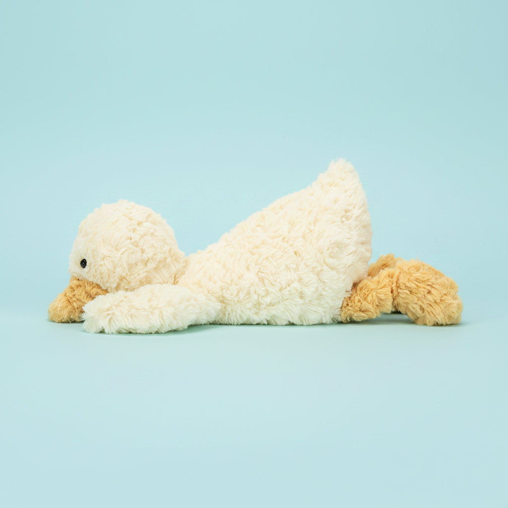 Jellycat Tumblie Duck side view showing golden beak and tail, white background