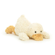 Jellycat Tumblie Duck cream soft toy lying down, front view, white background