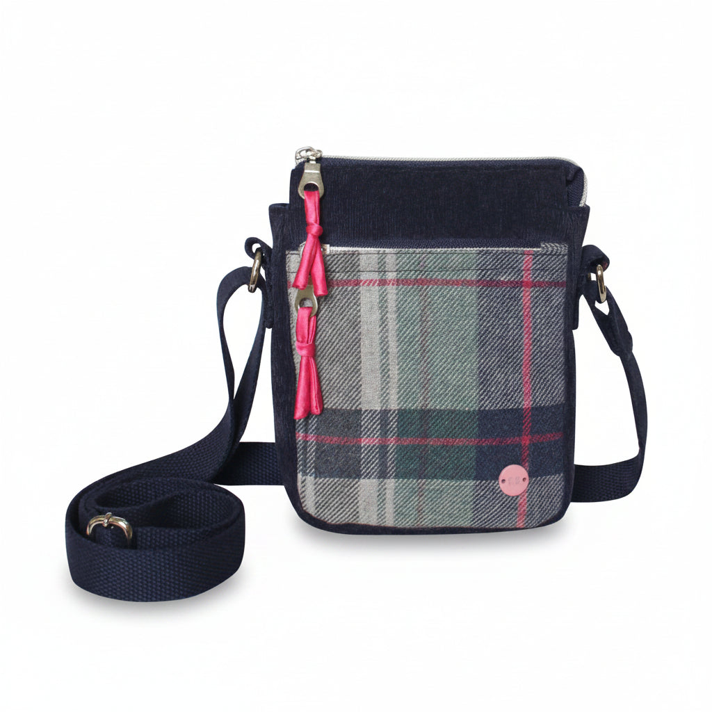 Drem Tweed Phone Crossbody Pouch front view showing navy pink pattern