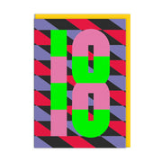 18th birthday card with pink and green numerals and yellow envelope on white