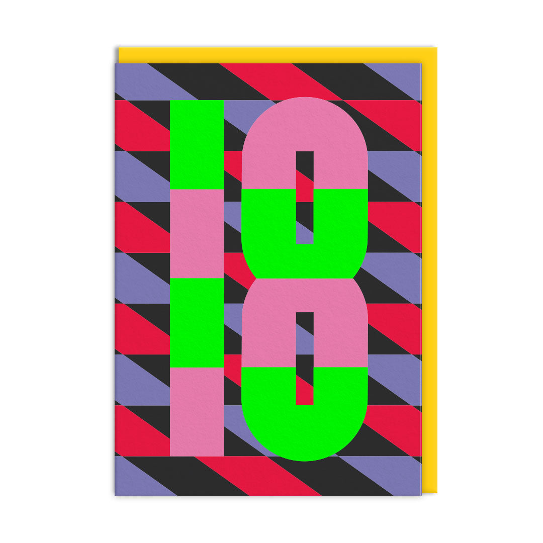 18th birthday card with pink and green numerals and yellow envelope on white