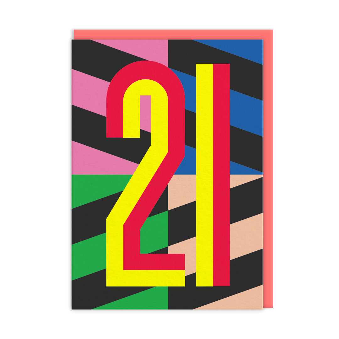 21st birthday card with red and yellow numerals and coral envelope on white