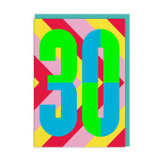 30th birthday card with green and blue numerals and teal envelope on white