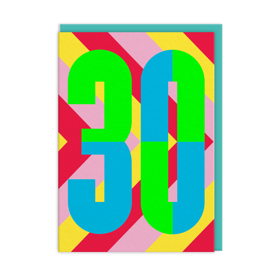 30th birthday card with green and blue numerals and teal envelope on white
