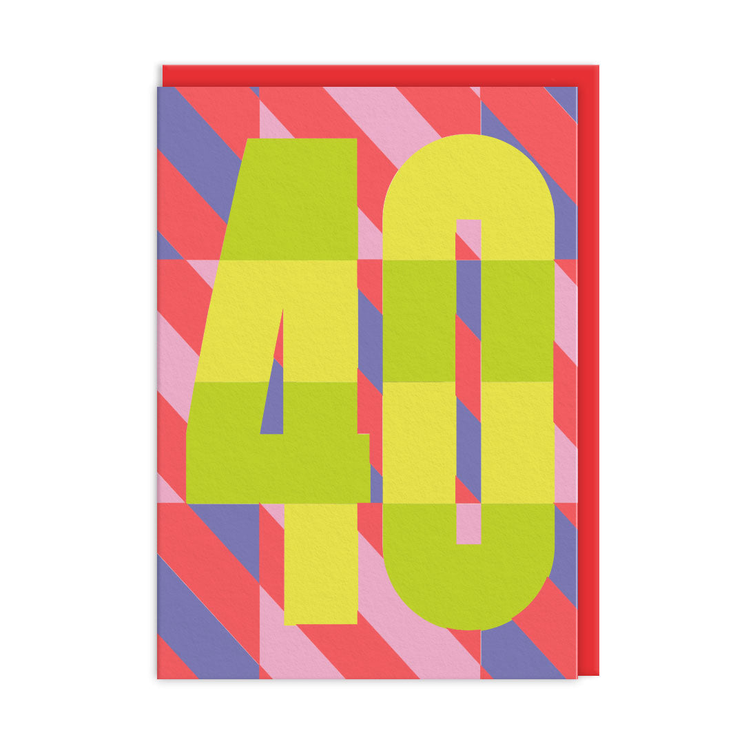 40th birthday card with lime numerals on red stripes and red envelope