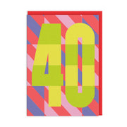 40th birthday card with lime numerals on red stripes and red envelope