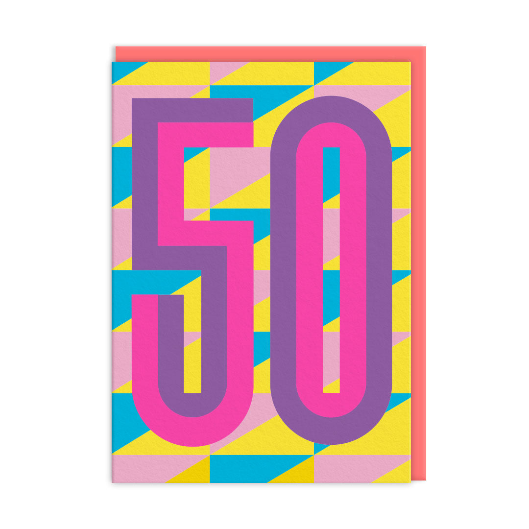 50th birthday card with pink and purple numerals and coral envelope on white