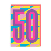 50th birthday card with pink and purple numerals and coral envelope on white