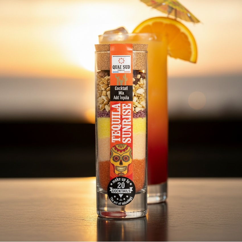Tequila Sunrise cocktail mix in a tall glass bottle with colourful layers of citrus, sugar and berries.