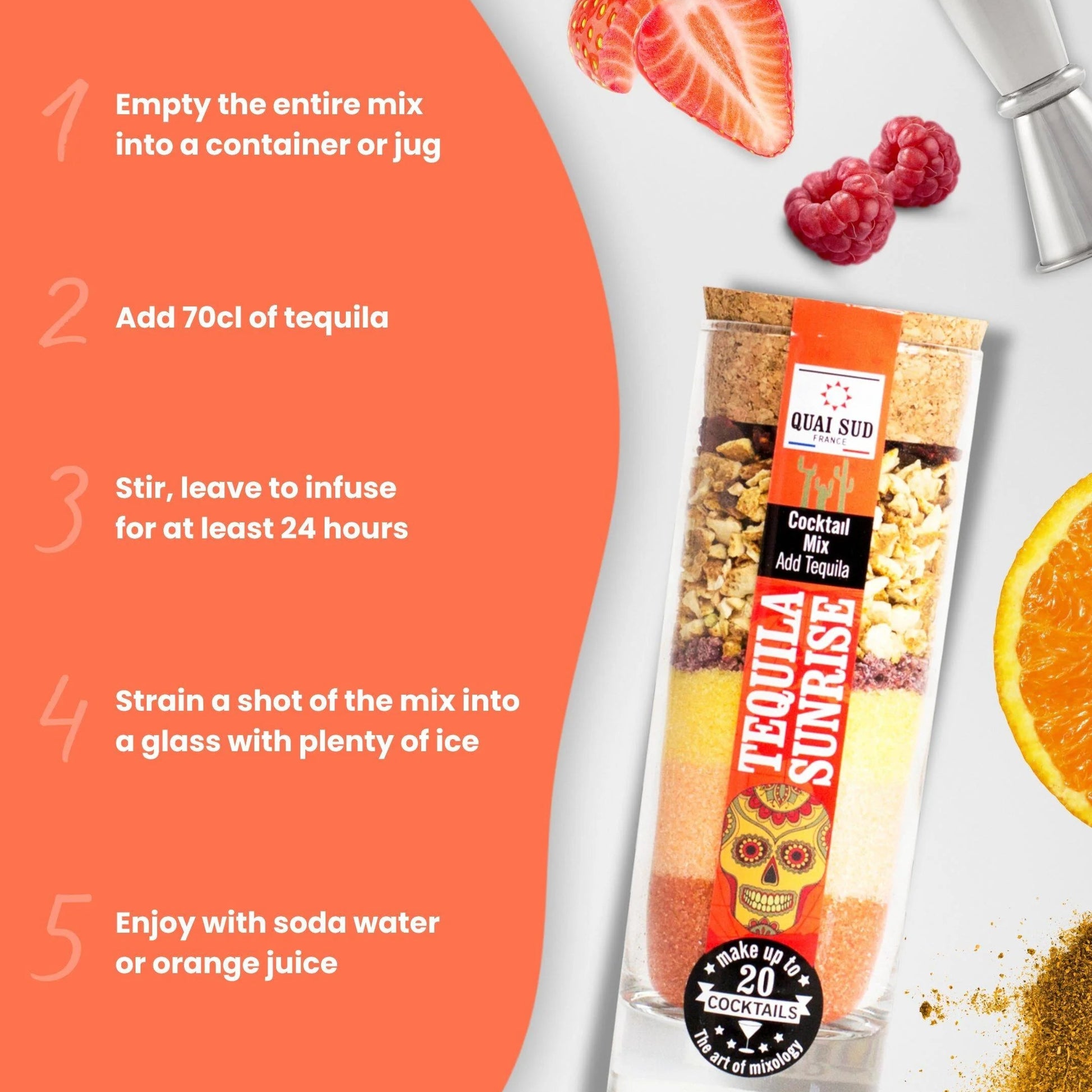 Tequila Sunrise cocktail mix displayed alongside step-by-step infusion instructions.