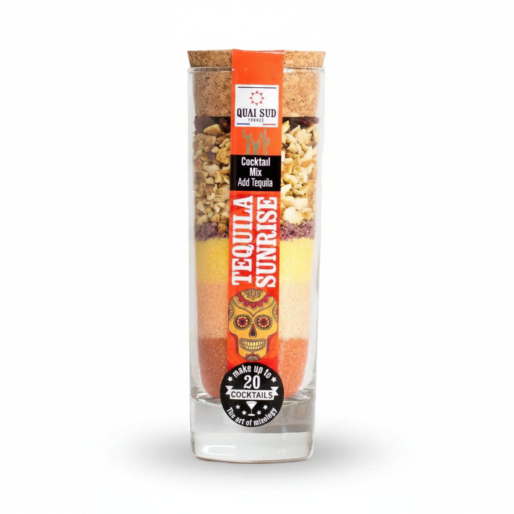 Front-facing Tequila Sunrise cocktail mix bottle with bold orange label and cork lid.