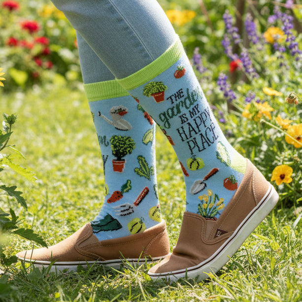 Front view of The Garden Is My Happy Place women’s bamboo socks featuring colourful gardening illustrations and green accents on a pastel blue background.