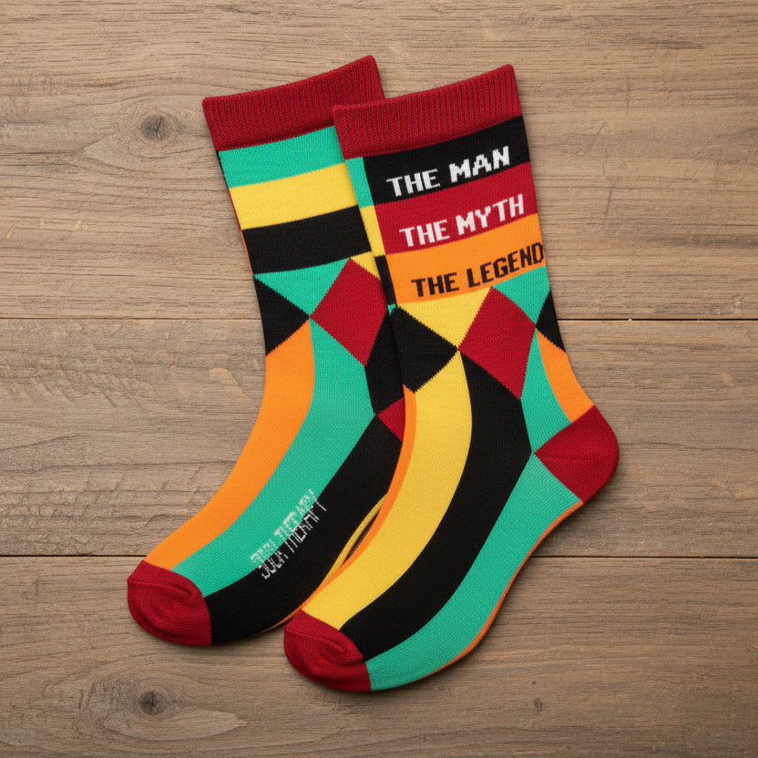 The Man The Myth The Legend bamboo socks flat lay on wooden surface