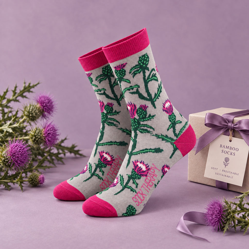 A pair of gray crew socks with a green thistle pattern and bright pink accents on the cuffs, toes, and heels. The word 'SOCK THERAPY' is printed vertically in pink on the sole of one sock.