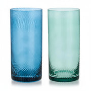 Set of two coloured highball glass tumblers in blue and green with a twisted textured design, 470ml capacity.