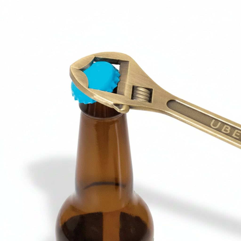 Close-up of the wrench head: Pop open cold ones like a pro with this wrench bottle opener's sturdy jaws and antique brass finish.