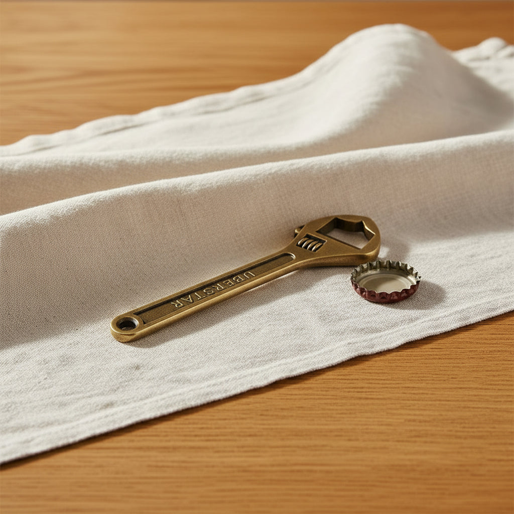 The wrench opening a beer bottle: Never be caught thirsty again! This sleek wrench bottle opener effortlessly tackles any beer cap, making you the hero of the party.