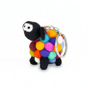 Felt sheep keyring with a bright multicoloured ball body, on a plain white background.