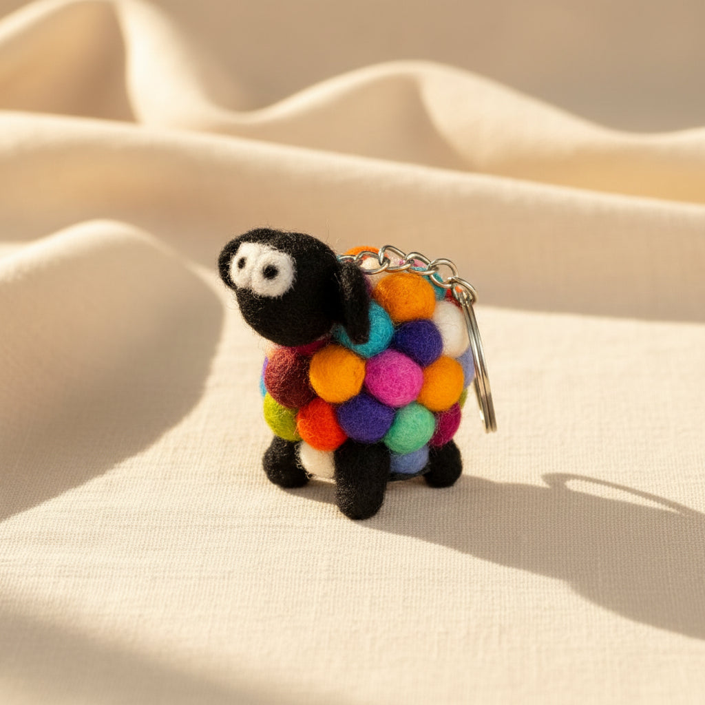 Colorful sheep keychain with multicolored body and black legs on a white background