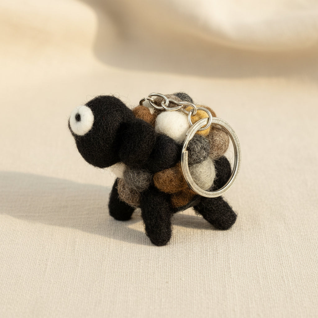 Plush keychain shaped like a bear with multicolored accents on a white background