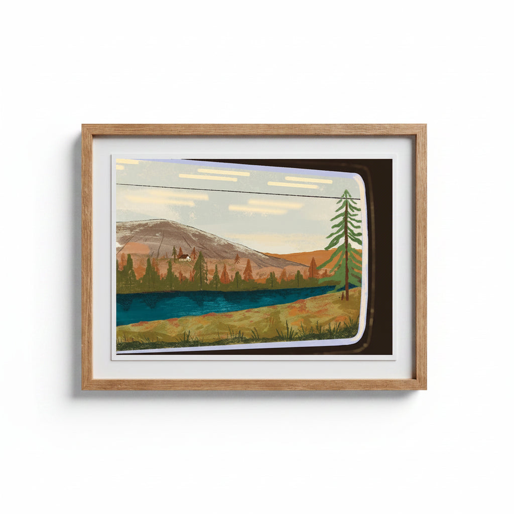 View from the Train Window Art Print framed on wall – giclée landscape print in digital gouache.