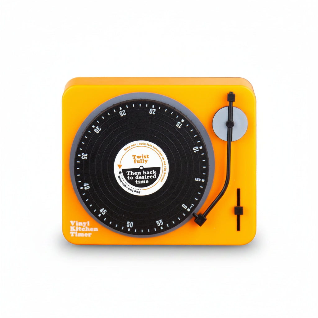 Close-up of Vinyl Kitchen Timer shaped like a record player with black vinyl-style dial.