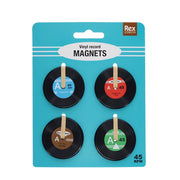 Packaged set of 4 vinyl record-shaped magnets with retro-style labels, mounted on a turquoise Rex London backing card.