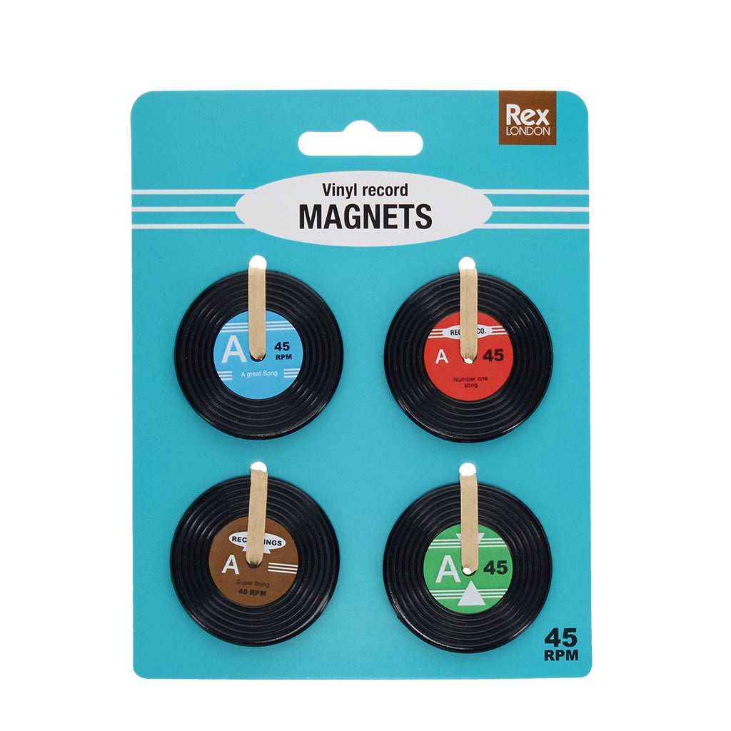 Packaged set of 4 vinyl record-shaped magnets with retro-style labels, mounted on a turquoise Rex London backing card.