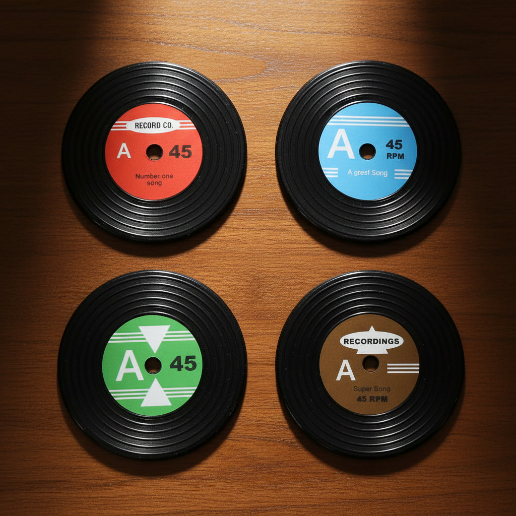 Top-down view of 4 vinyl record magnets featuring colourful A-side inspired labels in red, blue, green, and brown.