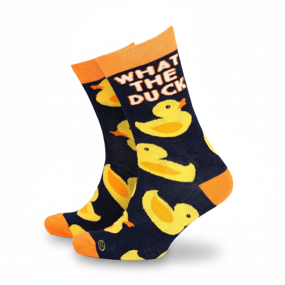 Rubber Ducks Men’s Bamboo Socks with yellow duck print and “What the Duck” slogan on navy background with orange trim.