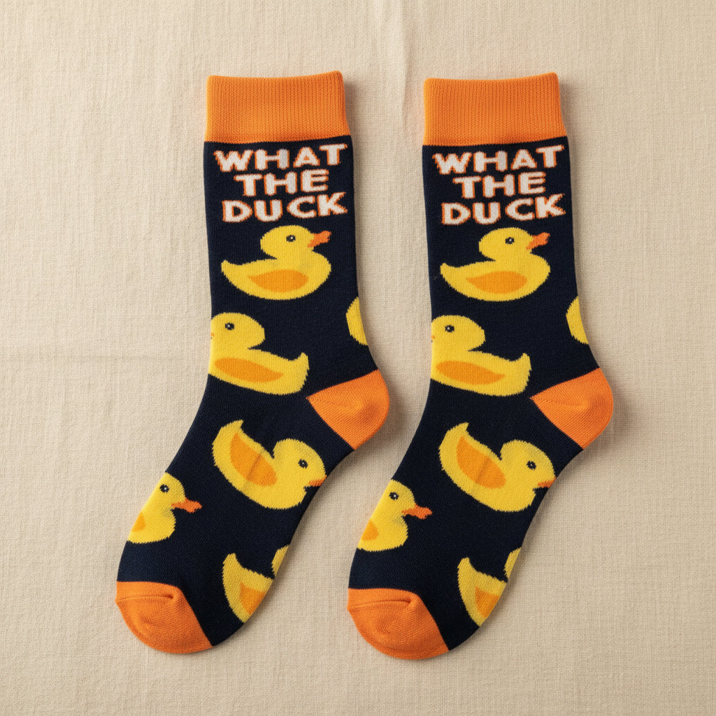 Sock with duck pattern and 'What the Duck' text on a white background