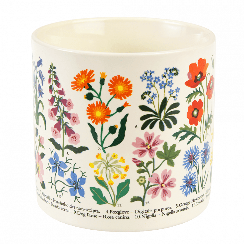 Reverse view of floral ceramic mug showing detailed vintage wildflower illustrations.