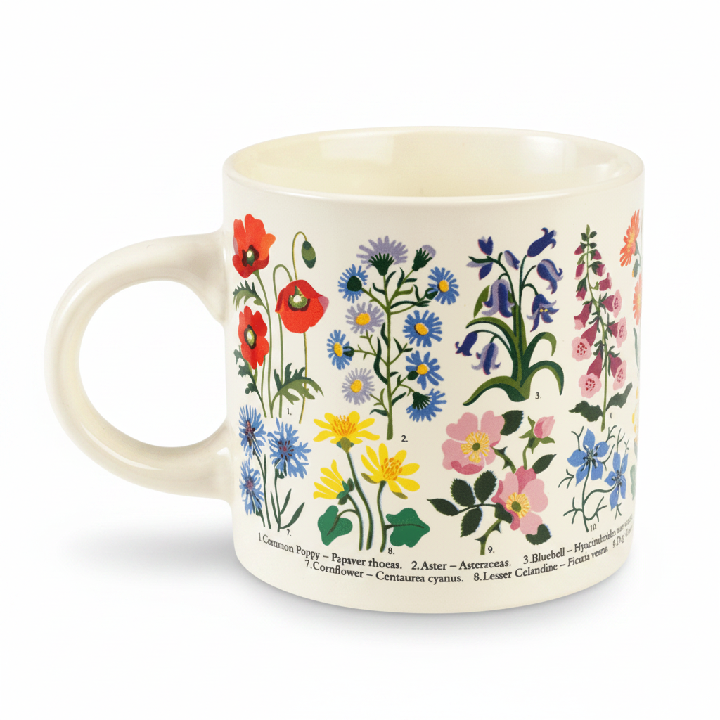 Angled shot of wildflower ceramic mug with poppies, asters, and bluebells clearly visible.