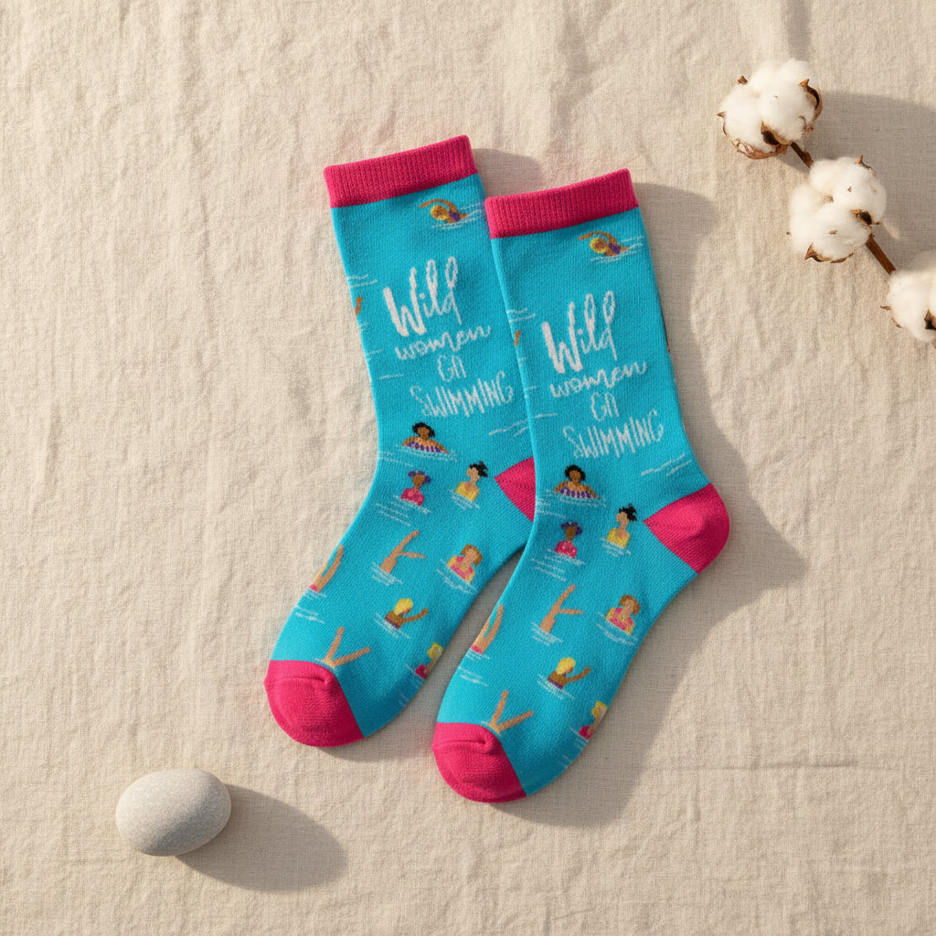 A pair of crew socks with a bright blue background featuring swim-themed illustrations and the text 'Wild Water Sports Submarines'. The socks have hot pink heels, toes, and cuffs, and are displayed on a clean white background.