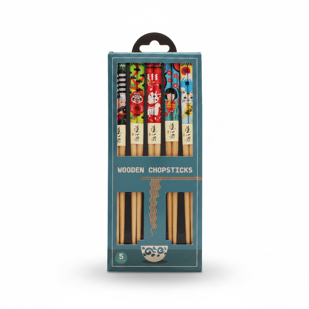 Japanese heritage wooden chopsticks front of teal retail packaging box