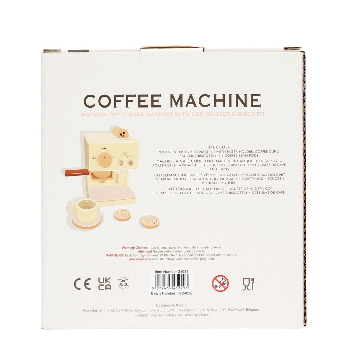 Back of Wooden Toy Coffee Machine Playset box showing contents list and safety details.
