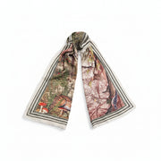 Woodland Tales scarf tied loosely showing the cream border stripes