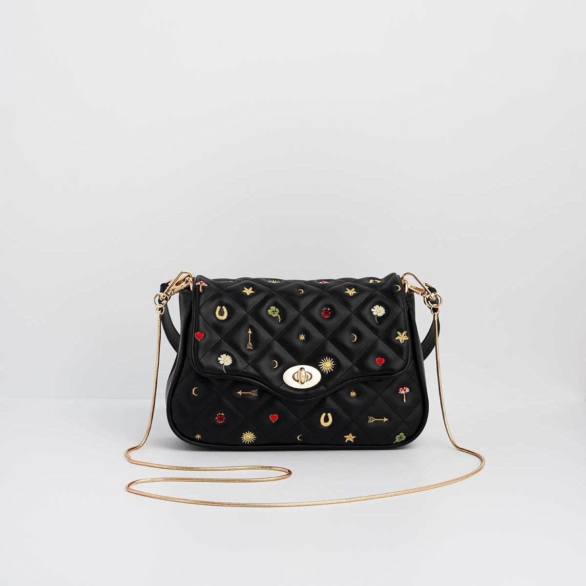 Black Quilted Motif Embroidered Crossbody with snake chain strap styling option